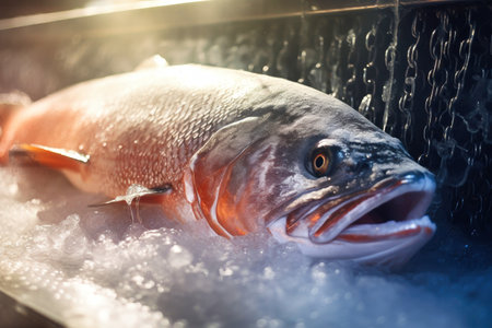 Fresh salmon or trout fish on ice, ready for cooking. Storing fresh chilled fish. Whole salmonの素材