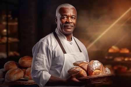 An elderly dark-skinned male baker holds freshly baked bread in his hands. Baker in a private bakery. Bread production at home or in a small enterprise. Small businessの素材
