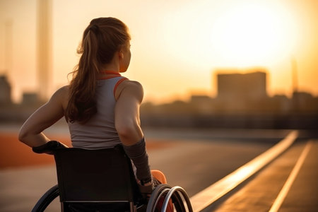 A woman in a wheel chair on the street. A modern woman with disabilities is not afraid of difficulties. Social supportの素材