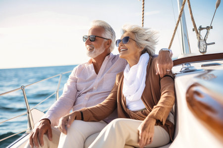 An elderly couple sits in a boat or yacht against the backdrop of the sea. Happy and smiling. They look at the waves and hug. Sea voyage, vacation.の素材