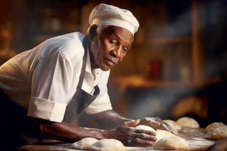 An elderly dark-skinned male baker prepares bread dough in the kitchen. Kneads dough for baking. Homemade bread production. Fresh bakery. Private productionの素材