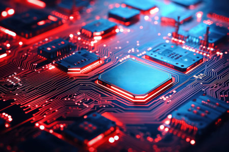A powerful computer processor or chip on a motherboard. Modern technologies. Red background. Modern electronics productionの素材