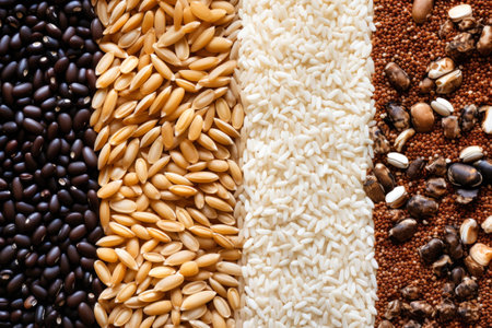 Various groats legumes, grains. Many types of cereals collected together. Agriculture and healthy eating concept. Close-up. Selective focusの素材