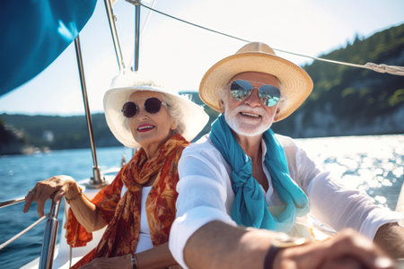 An elderly couple sits in a boat or yacht against the backdrop of the sea. Happy and smiling. Yacht trip. Sea voyage, active recreation.の素材