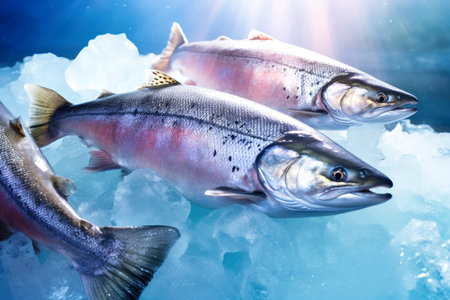 Fresh salmon or trout fish on ice, ready for cooking. Chilled fresh fishの素材