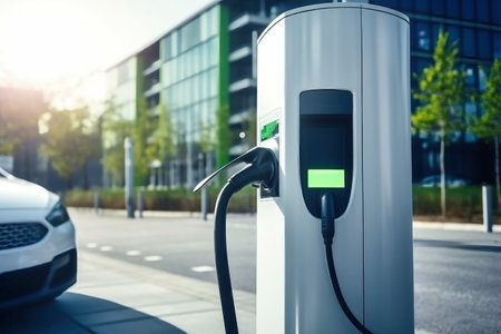 Car charging station in front of architectural office buildings - suburban charging station for car sharing. Ecology of the cityの素材
