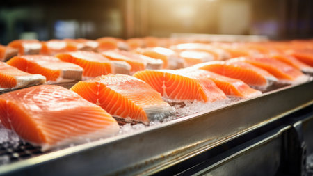 A production line of fresh salmon fillets at a fish processing factory. Close-upの素材