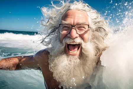An elderly man with a beard swims in the sea waves. Close-up portrait. Happy emotions. Active lifestyle. Relaxation on the beachの素材