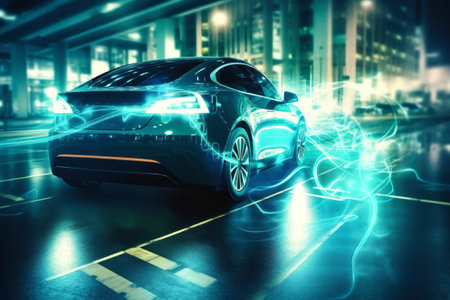 Modern electric car moving along a public highway in a city with glass skyscrapers. Eco-friendly electric transport concept. Electric car powerの素材