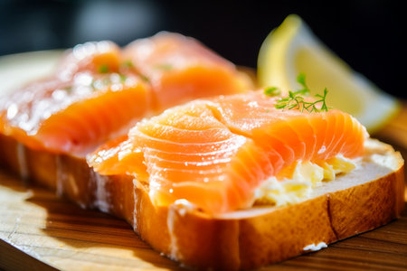 Fresh salmon sandwich close-up. Salmon with fresh herbs. Salmon on bread. Healthy eating.の素材