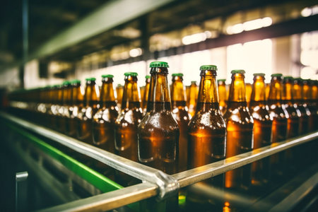 Beer production plant. Brewery conveyor with glass bottles of beer and alcohol. Close-up. Blurred background. Modern production for bottling drinks. Selective focusの素材