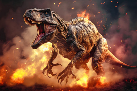 Tyrannosaurus T-rex ,dinosaur on smoke and fire background. Global catastrophe. A dinosaur escapes from the flamesの素材
