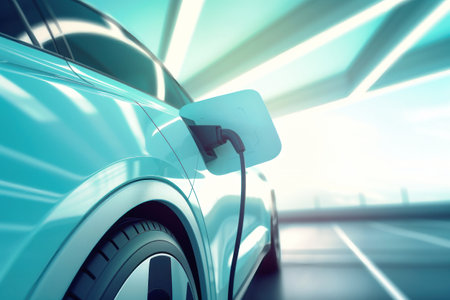 EV charging station for electric car in concept of green energy and eco power produced from sustainable source to supply to charger station in order to reduce CO2 emissionの素材