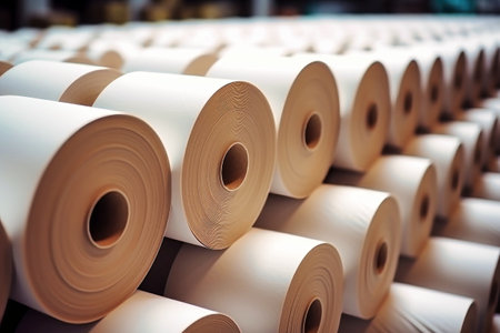 Large rolls of paper at a paper and cardboard production plant. Finished products. Rolls of paper for further processingの素材