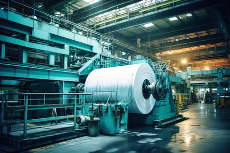 Modern paper production plant. Close-up of industrial equipment. Coated paper and cardboardの素材