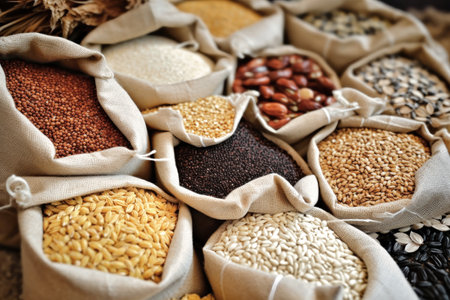 Assorted different types of beans and cereals grains. Set of indispensable sources of protein for a healthy lifestyle. Quality food. Healthy eating conceptの素材