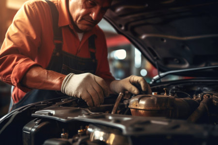 A mechanic in a workshop diagnoses and repairs the engine and car systems. Car repair and diagnostics in the garage. Modern car service. Brutal worker mechanicの素材