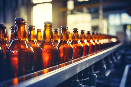 Beer production plant. Brewery conveyor with glass bottles of beer and alcohol. Close-up. Blurred background. Modern production for bottling drinks. Selective focusの素材