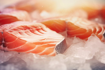 Chilled fish. Fresh salmon or trout fillet on ice. healthy eating conceptの素材