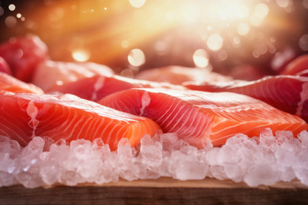 Fresh salmon or trout fish fillet on ice, ready for cooking. Storing fresh chilled fish. Close-upの素材