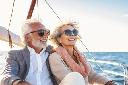 An elderly couple sits in a boat or yacht against the backdrop of the sea. Happy and smiling. They look at the waves and hug. Sea voyage, vacation.の素材