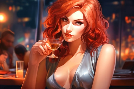 A woman sits at a bar with a glass of cocktail in a luxurious interior. Night lights and twilight. Blurred background. Beautiful lady behind the barの素材