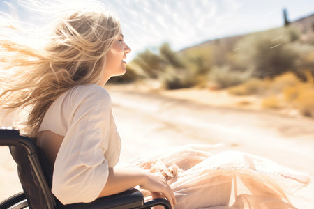 A disabled woman in a wheelchair with her hair blowing in the wind. Speed up and move. Thirst for life and success. On open airの素材