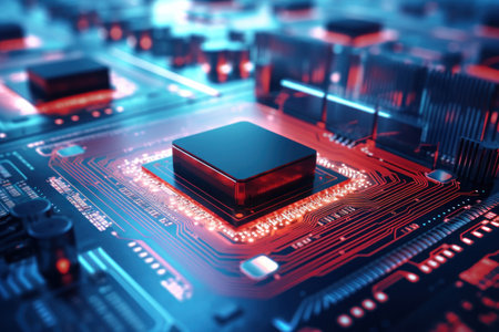 Close-up of an electronic board with a processor or chip. Development of computer technologies. Modern electronics productionの素材
