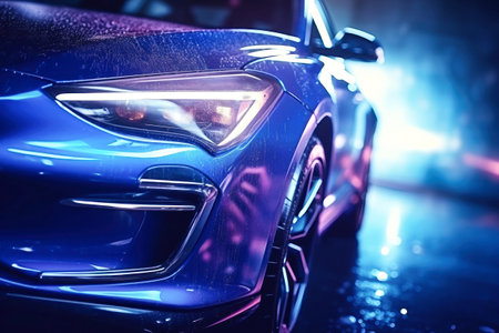 A powerful electric car speeds down the road, moving on a public highway. Eco-friendly electric transport concept. Power and speed of an electric vehicleの素材