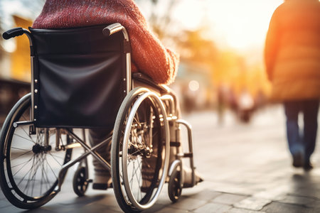 An elderly person with disabilities in a wheelchair in an autumn park. Old age. Walking in a wheelchair in the parkの素材