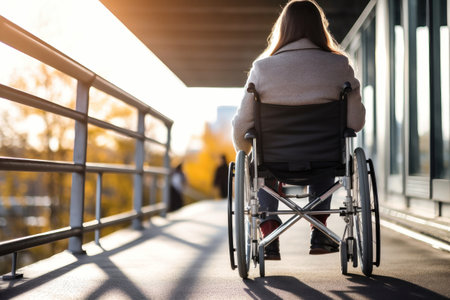 A disabled woman in a wheelchair on a ramp in the city. Support. Social problems. Infrastructure for people with disabilitiesの素材