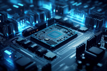 A powerful computer processor or chip on a motherboard. Modern technologies. Blue background. Development of computer technologiesの素材