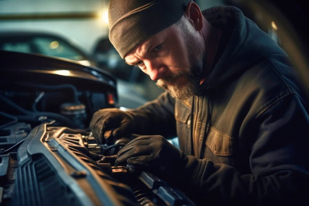 A mechanic in a workshop diagnoses and repairs the engine and car systems. Car repair and diagnostics in the garage. Modern car service. Brutal worker mechanicの素材