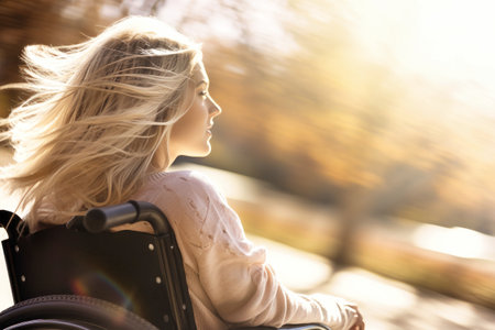 A disabled woman in a wheelchair enjoys life and the wind, her hair fluttering in the wind. Speed up and move. Thirst for life and successの素材