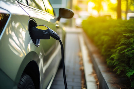 Selective focus to A modern electrical fast charger for the electrical or hybrid PHEV automobiles. An Energy power of the future. Ecology friendly charger concept. Station electric car battery chargerの素材