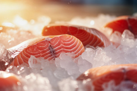 Fresh salmon or trout fish fillet on ice, ready for cooking. Storing fresh chilled fish. Close-upの素材