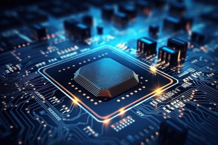 A powerful computer processor or chip on a motherboard. Modern technologies. Blue background. Development of computer technologiesの素材