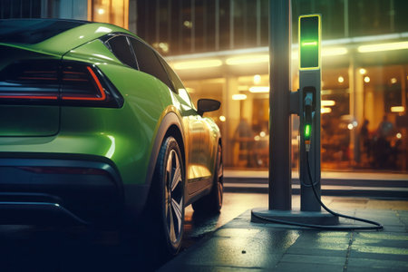 Charging station for recharging the battery with electricity using an EV charging cable in an evening city street. Innovative electric vehicle and energy sustainabilityの素材