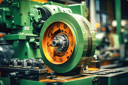 A close up of a machine in a factory. Modern metal processing at an industrial enterprise. Manufacturing of high-precision parts and mechanisms.の素材