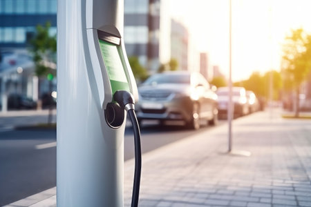 Electric car charging station in a modern city. Availability and environmental friendliness. Green energy. Modern charging station.の素材