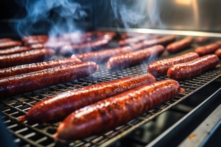 A bunch of hot dogs are cooking on a grill. Industrial smoking of sausages and meat products in a factory. sausage in the smokehouse. flavorful sausages.の素材