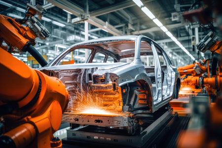 Assembly line for the production of modern cars. Robots weld a car body on a conveyor belt. Automated assembly. Modern technologiesの素材