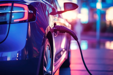 Electric car charging on parking lot with electric car charging station on city street. Electric cars in the row ready for charge. Close up of power supply plugged into an electric car being chargedの素材