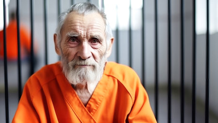 An elderly criminal in an orange uniform sits on a prison bed and thinks about freedom. A guilty prisoner in a pre-trial detention center or correctional facilityの素材