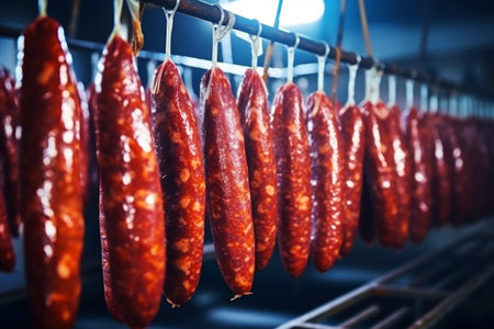 A row of sausages hanging from a rack. Industrial smoking of sausages and meat products. Farm sausage production.の素材