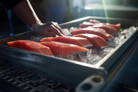 Close-up of a worker's hands sorting salmon fillets on a conveyor belt at a fish processing plant. Large pieces of fresh salmonの素材