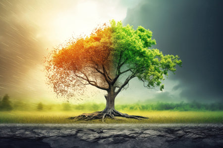 Dry cracked soil after cutting down trees. Lonely remaining tree. Concept of climate change or global warming. Soil erosion. Ecologyの素材