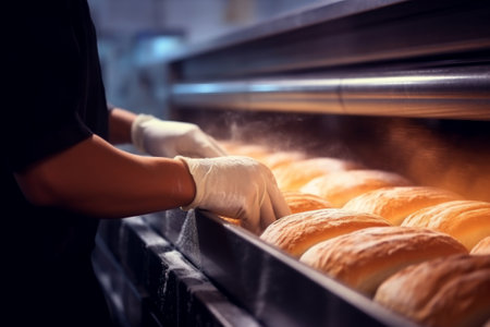 A worker in a bakery puts bread in the oven. Bread production enterprise. Bakery Close-upの素材