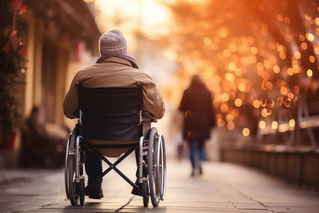 An elderly person with disabilities in a wheelchair in an autumn park. Old age. Walking in a wheelchair in the parkの素材