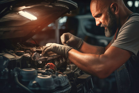 A mechanic in a workshop diagnoses and repairs the engine and car systems. Car repair and diagnostics in the garage. Modern car service. Brutal worker mechanicの素材
